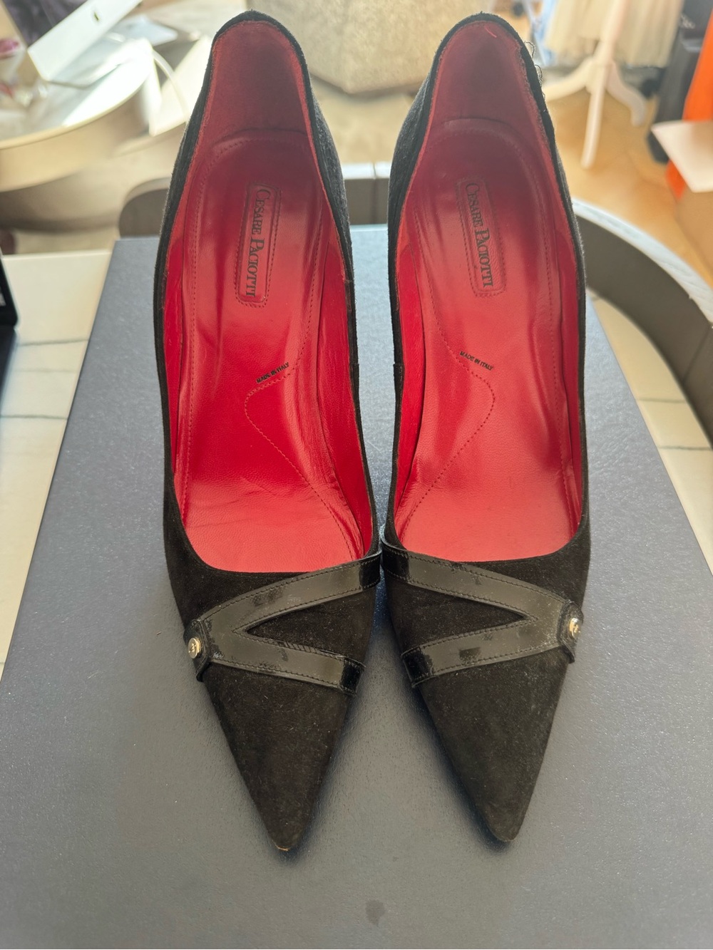 Cesare Paciotti Black Suede Pointed Pumps with Red Leather Insole